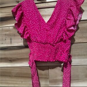 SHEIN Fuchsia Polka Dot Ruffle Blouse